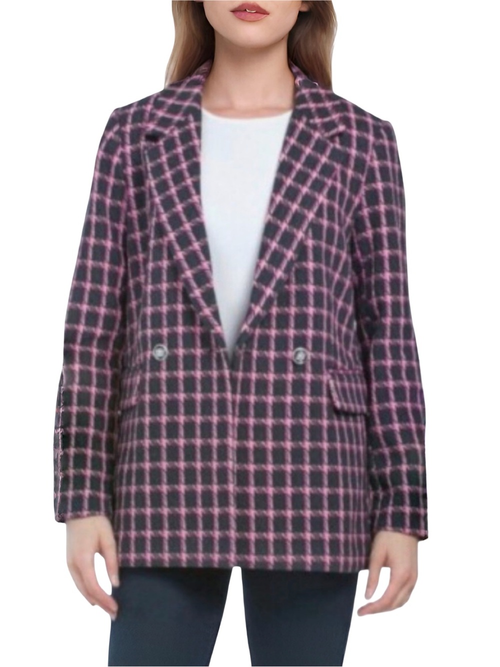 🩷 Rachel Zoe Pink Plaid Double Breasted Blazer, Size Medium